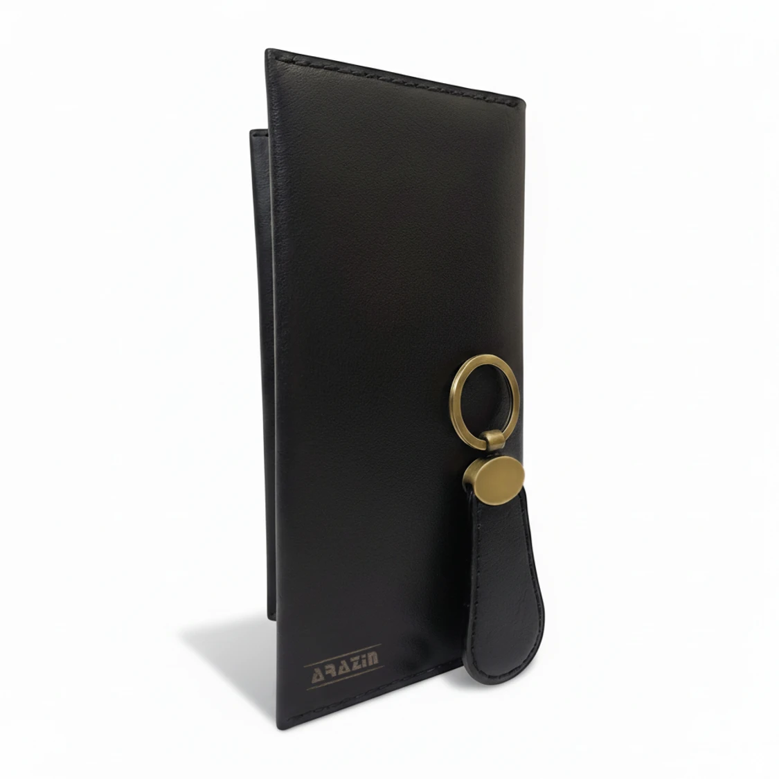 کیف پول و موبایل پالتویی چرم طبیعی AZ-W825 و جاسوئیچی از زاویه جانبی، نمایش ظرافت و بافت چرم